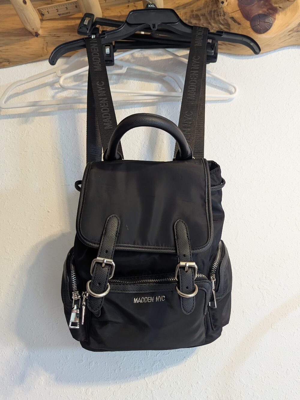 Madden NYC Woman's Black Buckle Flap Nylon Mini Back Pack